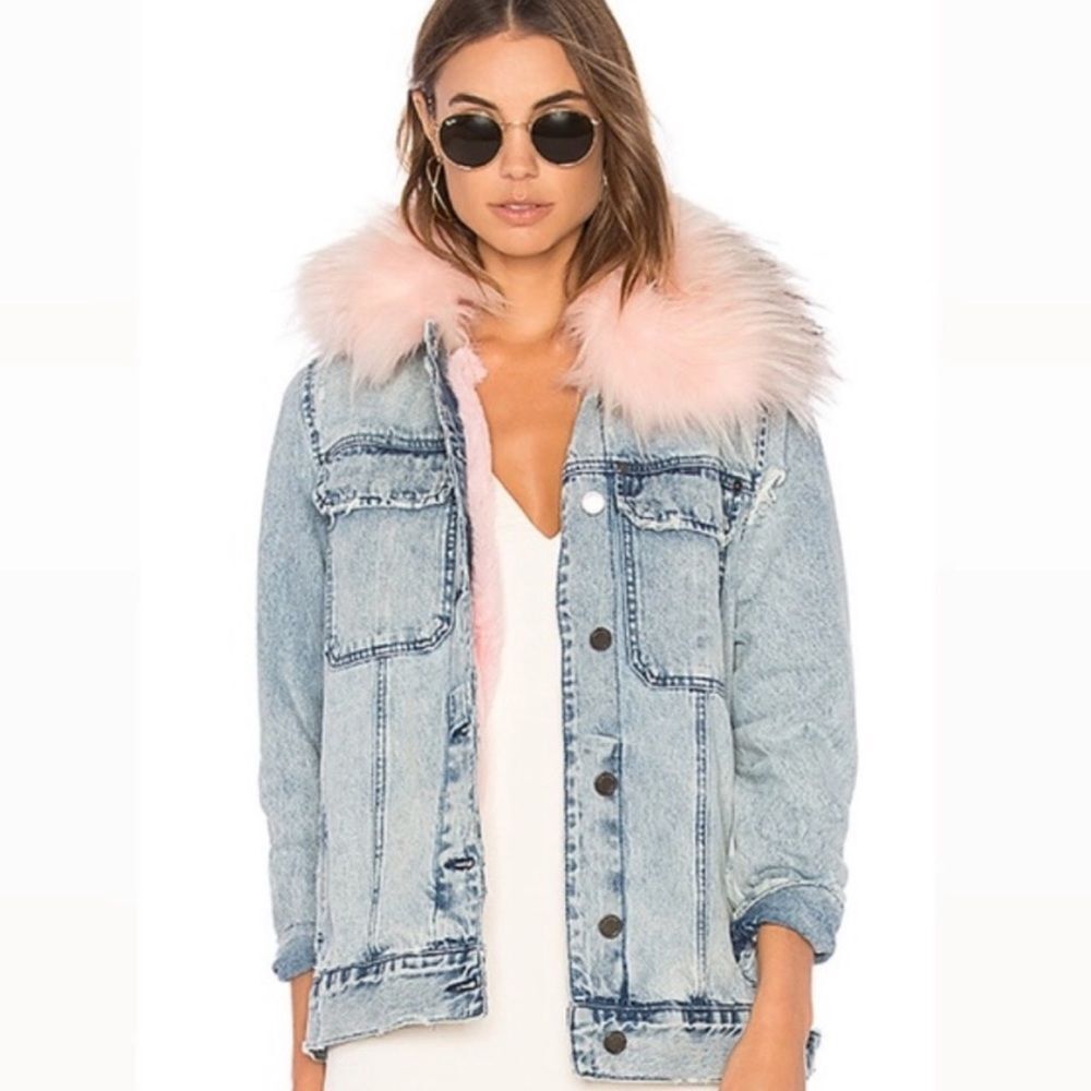 Blank NYC Pink Faux Fur Collar/Lined Snowflake Denim Jacket, Size XS